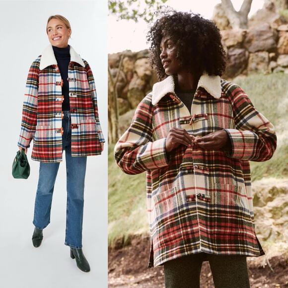 The Great. The Cabinmate Toggle Jacket Faux Shearling Greenwood Plaid size Large